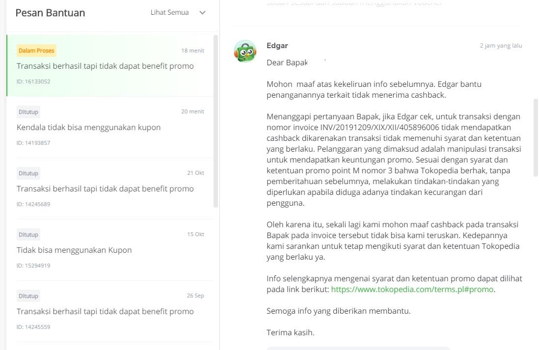 TOKOPEDIA menahan cashback dan akun diblokir ikut promo tanpa bukti jelas