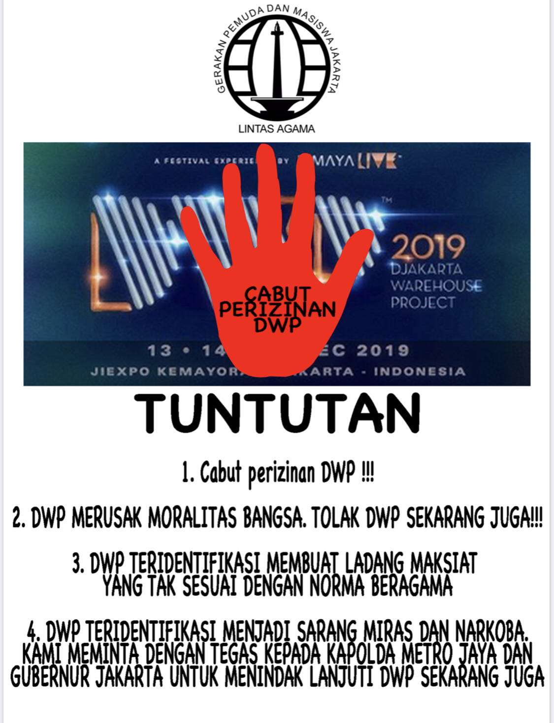 Merusak Moral Bangsa, Pemuda Jakarta Lintas Agama Menolak Acara Musik DWP