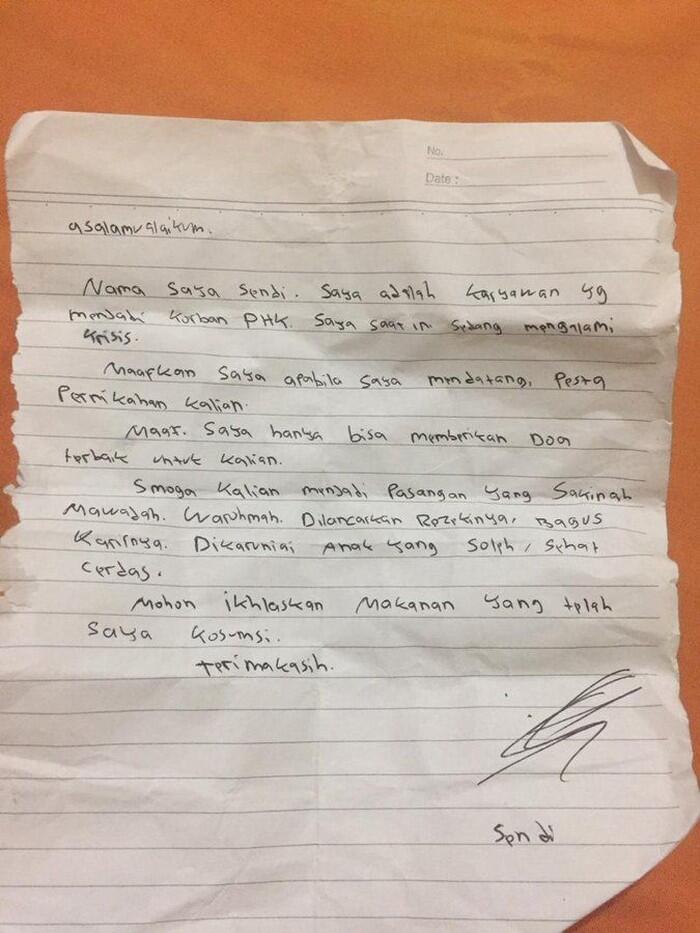 Surat Korban PHK Yang Minta Maaf Karena Numpang Makan Di Pesta Pernikahan