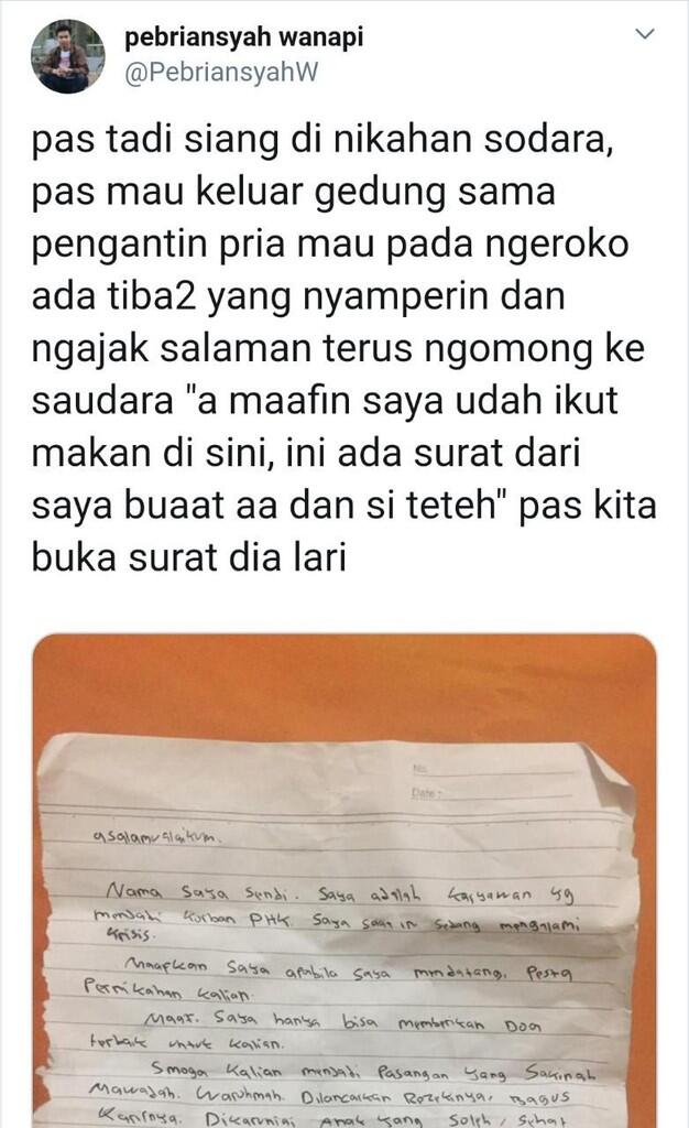 Surat Korban PHK Yang Minta Maaf Karena Numpang Makan Di Pesta Pernikahan