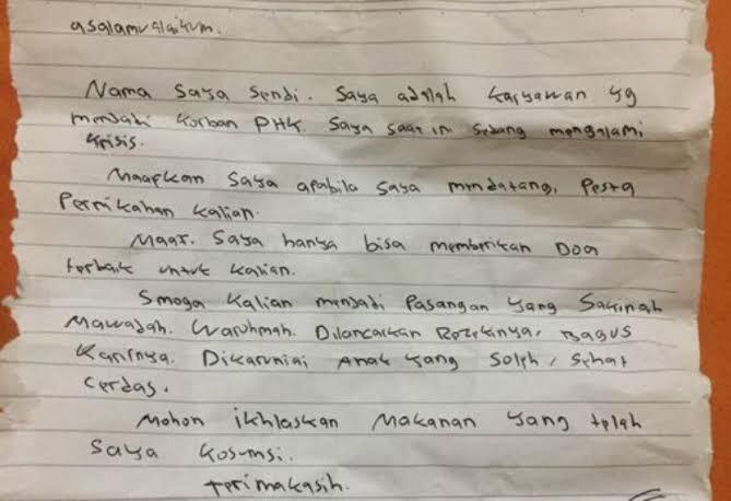 Surat Korban PHK Yang Minta Maaf Karena Numpang Makan Di Pesta Pernikahan