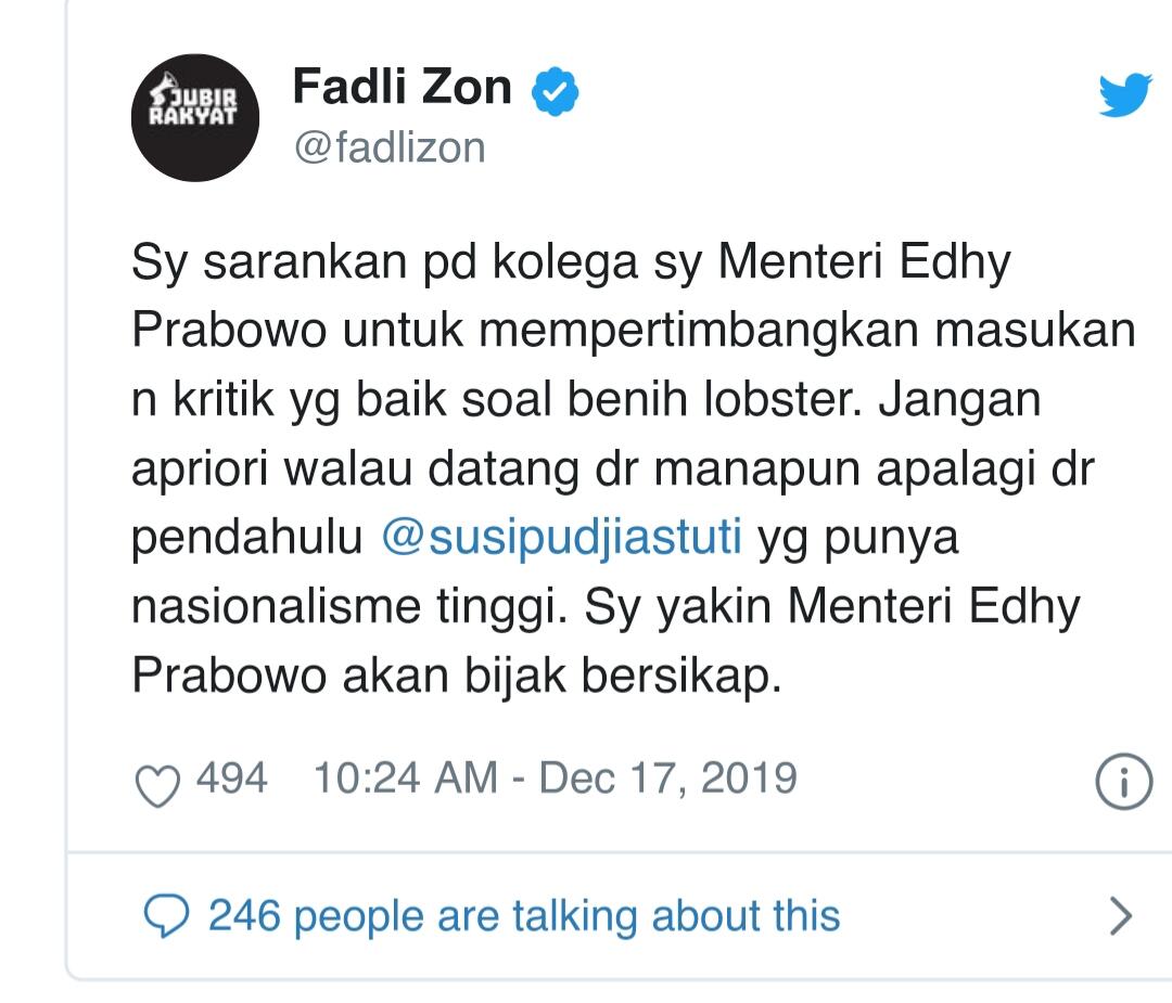 Ramai soal Lobster, Fadli Zon Minta Edhy Prabowo Pertimbangkan Saran Susi