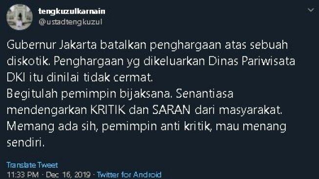 Anies Cabut Penghargaan Colosseum, Tengku Zul: Itulah Pemimpin Bijaksana