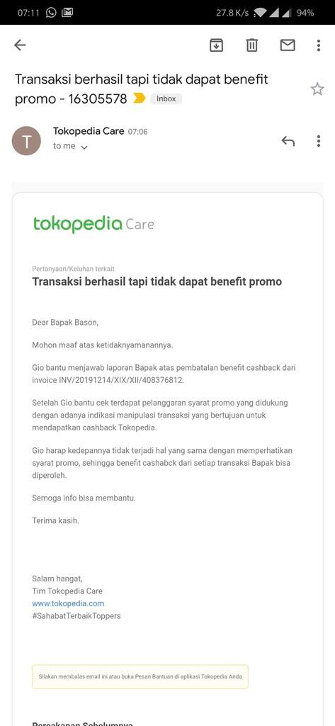 Tokopedia mengambil kembali Voucher Permohonan maaf yang diberikan kepada pembeli