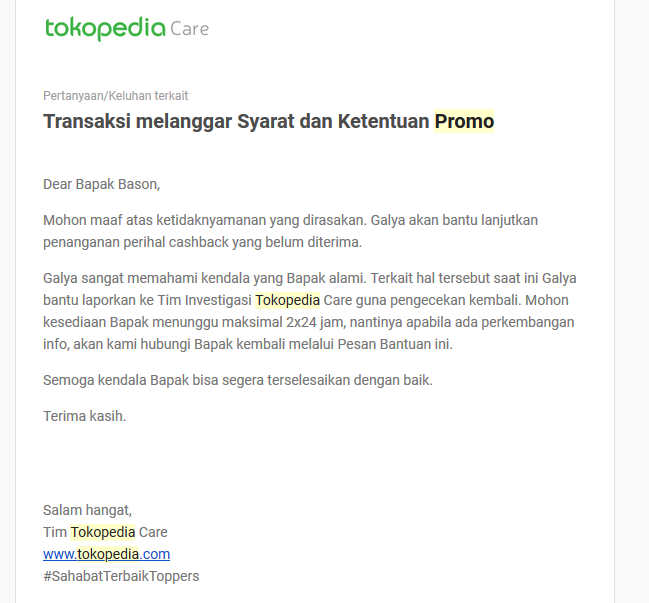 Tokopedia mengambil kembali Voucher Permohonan maaf yang diberikan kepada pembeli