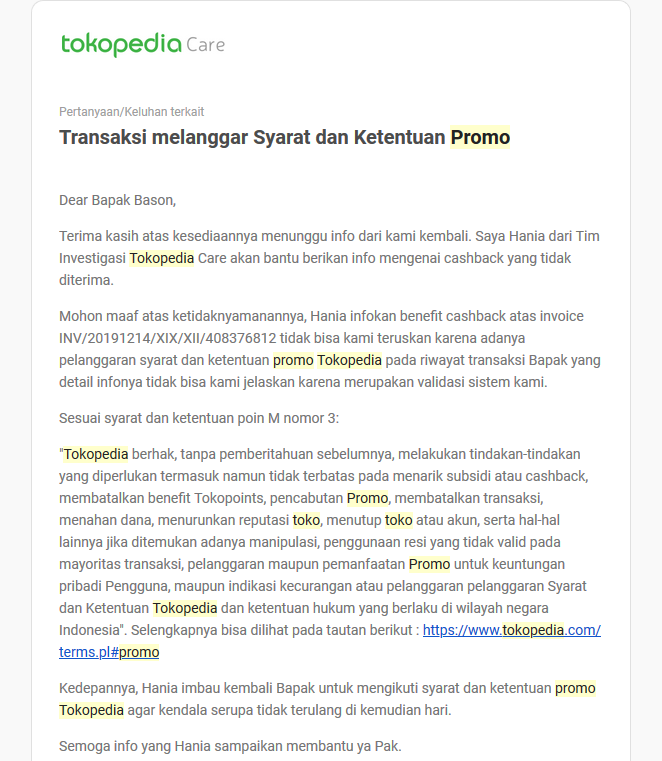 Tokopedia mengambil kembali Voucher Permohonan maaf yang diberikan kepada pembeli