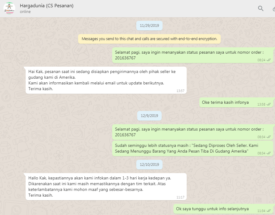 Pesanan di Hargadunia 1 bulan masih belum tiba di gudang Amerika