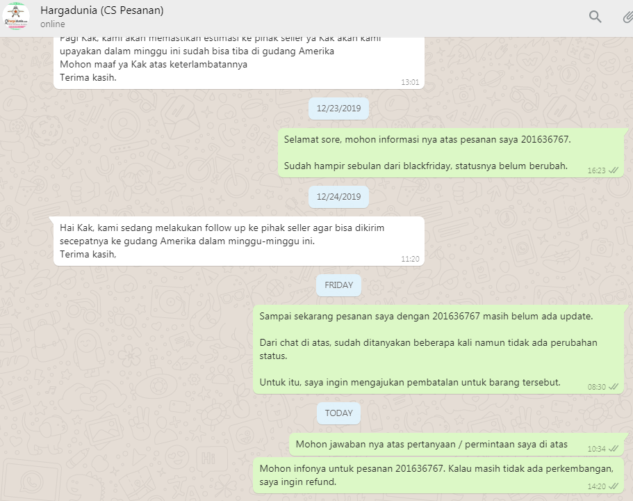 Pesanan di Hargadunia 1 bulan masih belum tiba di gudang Amerika
