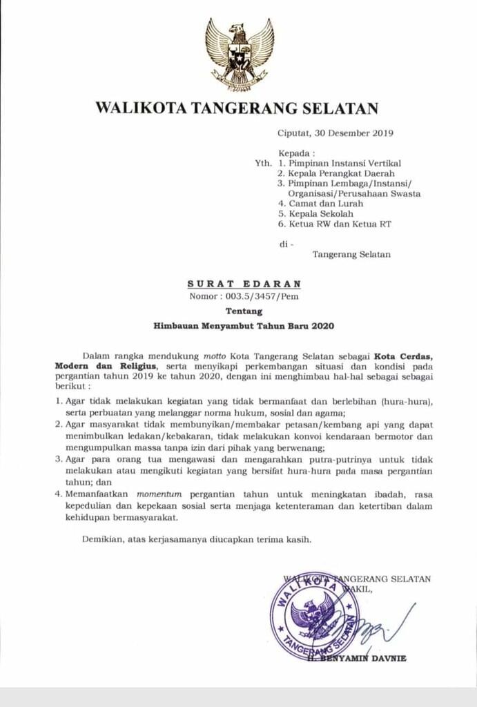 Malam Tahun Baru, Pemkot Tangsel Imbau Masyarakat Tak Membuat Kegaduhan