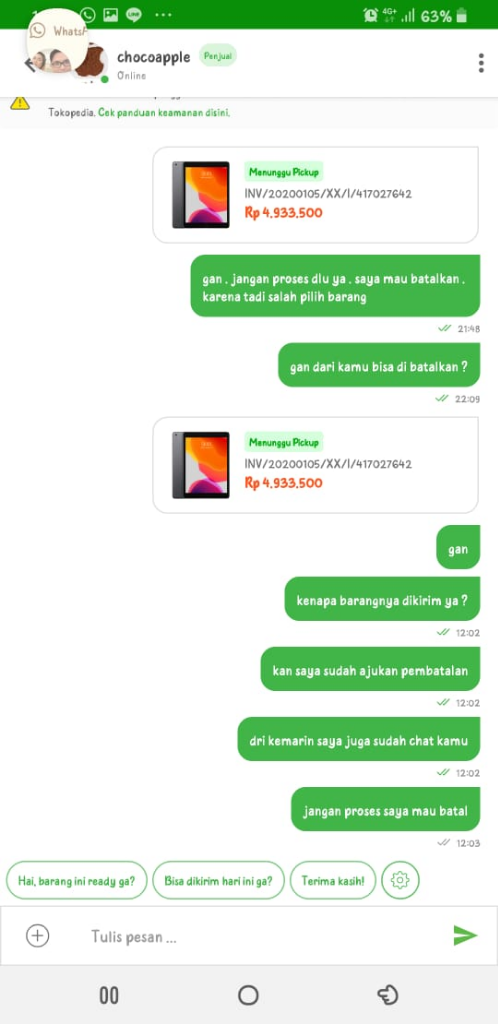 Sikap AROGANSI Sellee tokopedia CHOCOAPPLE dan Pusat Solusi Tokopedia 