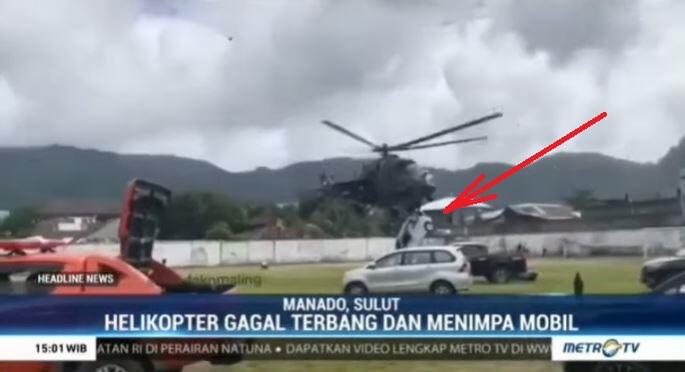 Insiden Heli Kepala BNPB Gagal Terbang di Sangihe. Menimpa mobil mobil parkir.