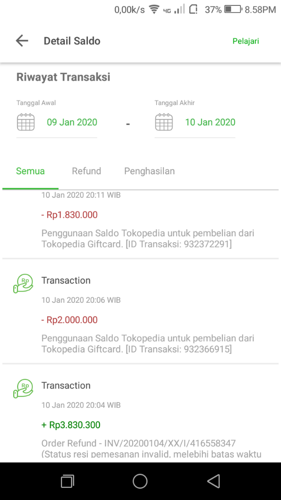 Saya kehilangan uang 3,8 juta di Tokopedia.