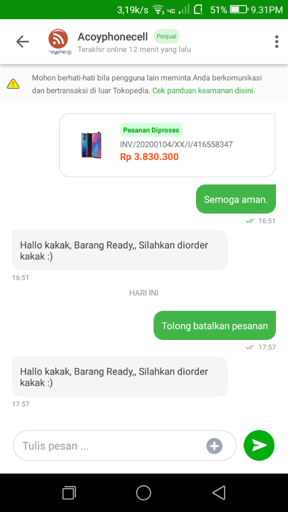 Saya kehilangan uang 3,8 juta di Tokopedia.