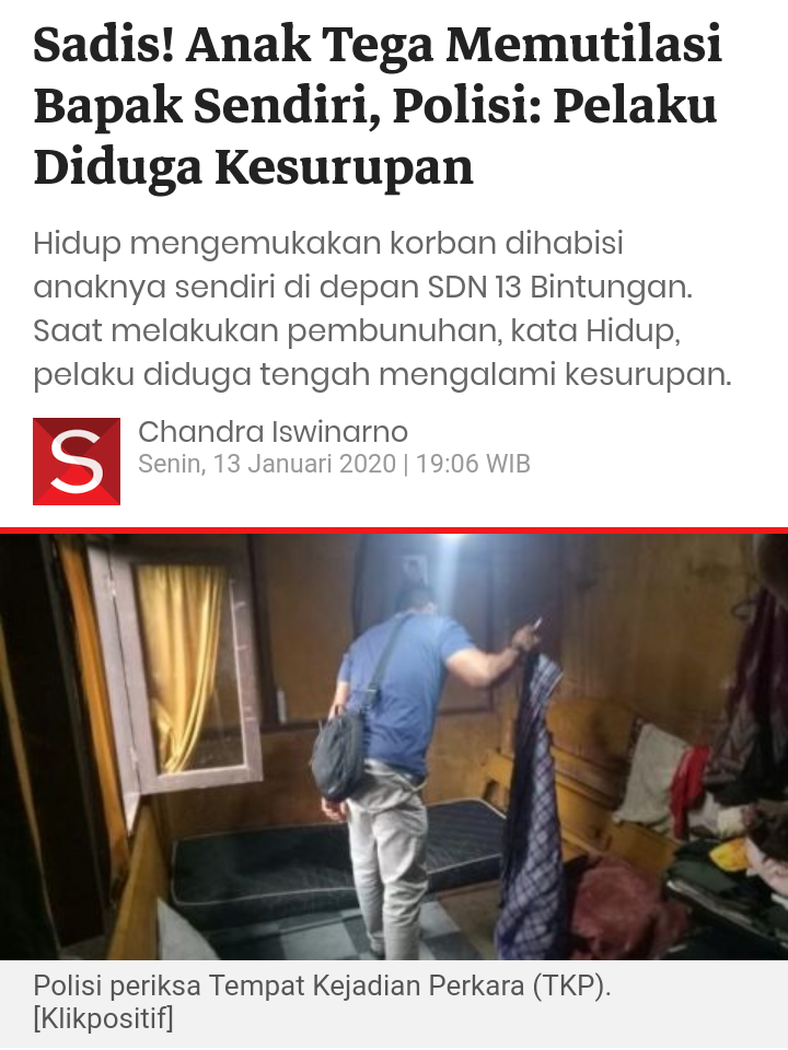 Sadis! Anak Tega Memutilasi Bapak Sendiri, Polisi: Pelaku Diduga Kesurupan