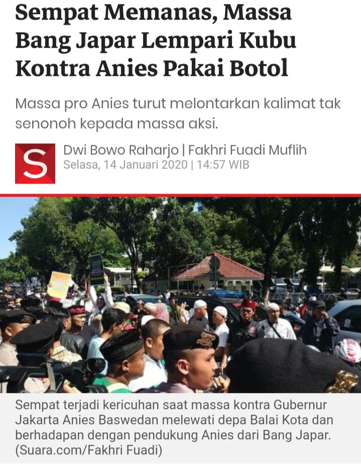 Sempat Memanas, Massa Bang Japar Lempari Kubu Kontra Anies Pakai Botol