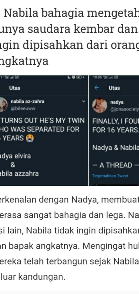 16 Tahun Berpisah Si Kembar Nabila dan Nadia Dipertemukan dengan Bantuan Netizen