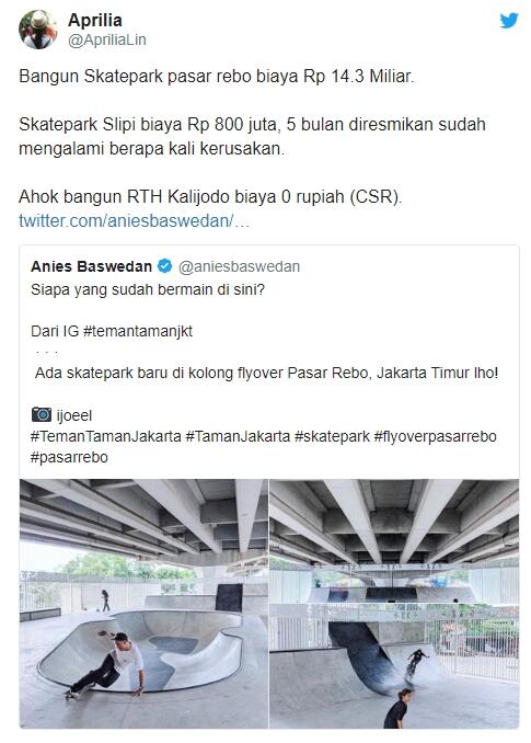 Gabener Bangun Skatepark Pasar Rebo Rp14,3 M, Ahok Bangun RTH dan RPTRA Kalijodo Rp0