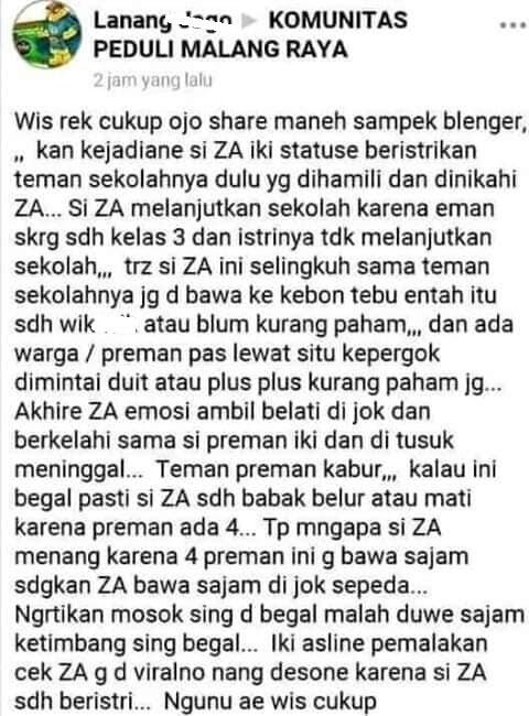 Terbongkar! ZA Pelajar Pembunuh Begal Demi Bela Pacarnya Itu Ternyata Sudah Beristri