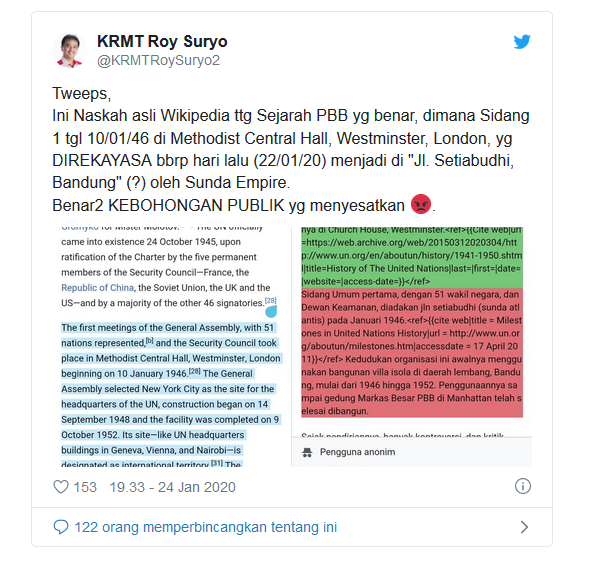 Petinggi Sunda Empire Mengubah Sejarah PBB di Wikipedia Indonesia