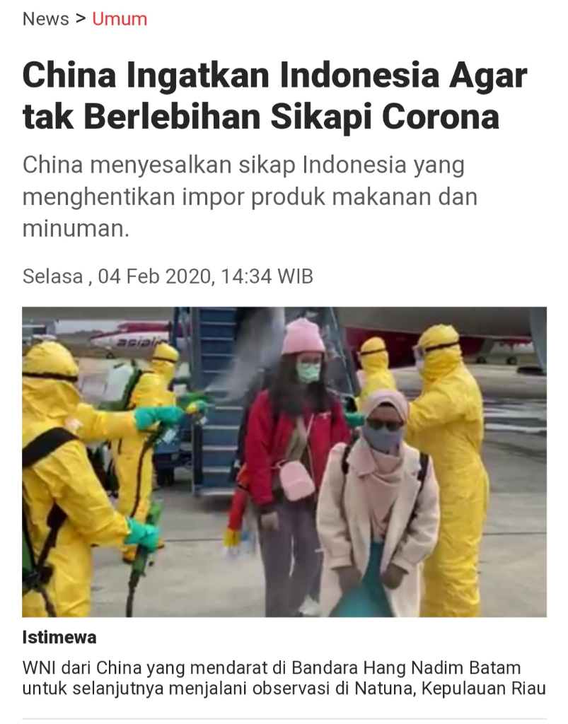 China Ingatkan Indonesia Agar tak Berlebihan Sikapi Corona