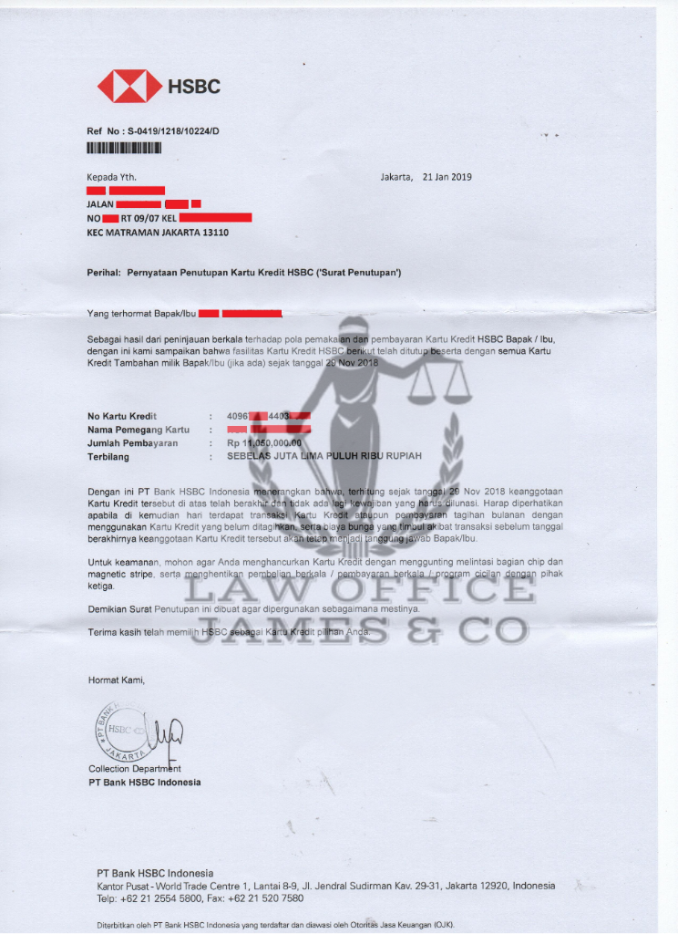 Jasa Penutupan Kartu Kredit ( LAW OFFICE JAMES & CO )