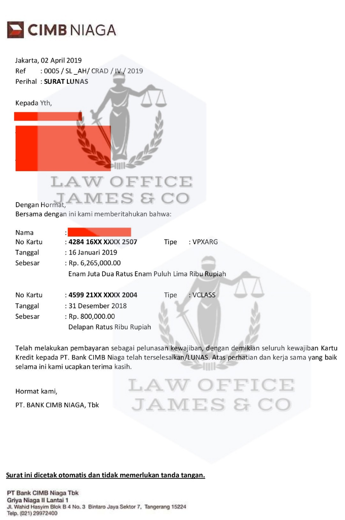 Jasa Penutupan Kartu Kredit ( LAW OFFICE JAMES & CO )