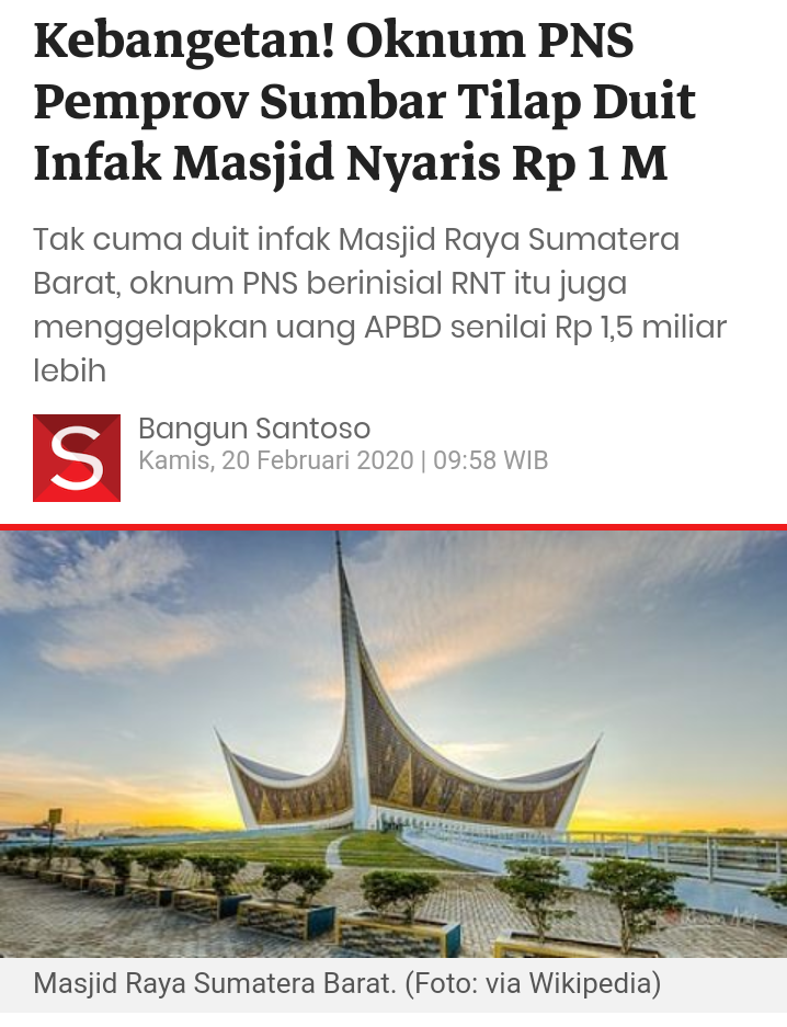 Kebangetan! Oknum PNS Pemprov Sumbar Tilap Duit Infak Masjid Nyaris Rp 1 M