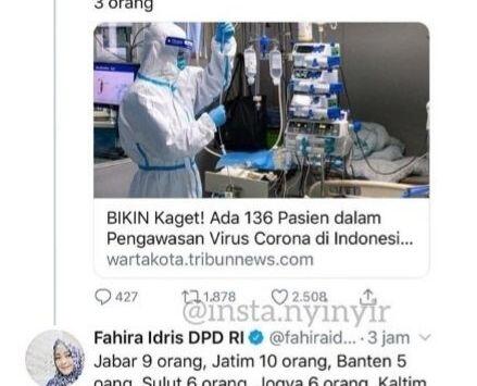 Cuitan Hoax Virus Corona Dihapus, Fahira Idris: Mari Kita Semua Berdoa