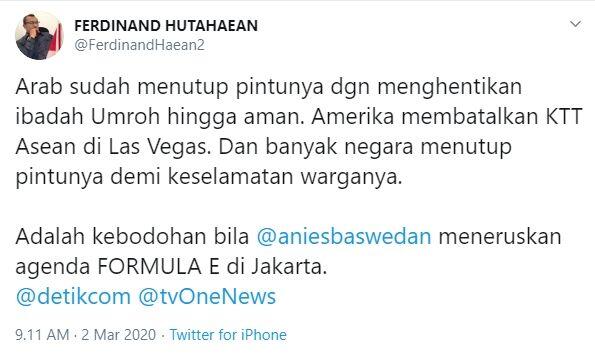 Ferdinand Hutahaean Desak Anies Baswedan Batalkan Formula E