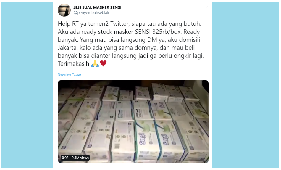 Jual Masker Rp 325 Ribu per Box, Akun Twitter Ini Didoa-in Kena Azab oleh Netizen