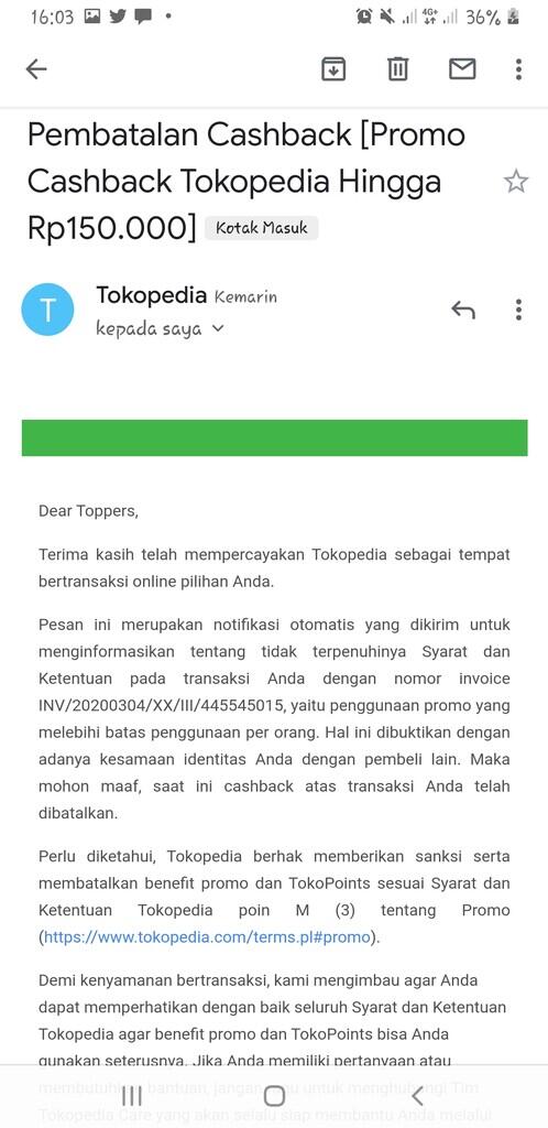 3 kali dalam 2 hari cashback saya dibatalkan tokopedia