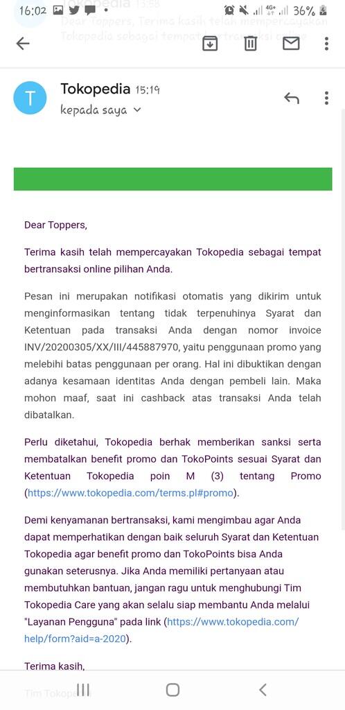 3 kali dalam 2 hari cashback saya dibatalkan tokopedia