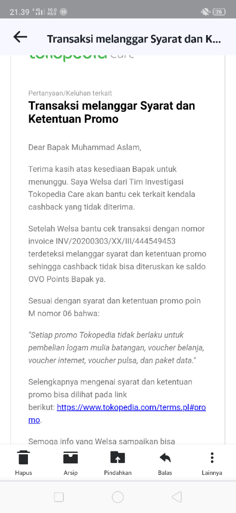 Pembatalan cashback sepihak dari TOKOPEDIA