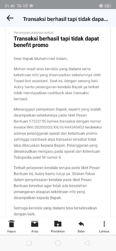 Pembatalan cashback sepihak dari TOKOPEDIA