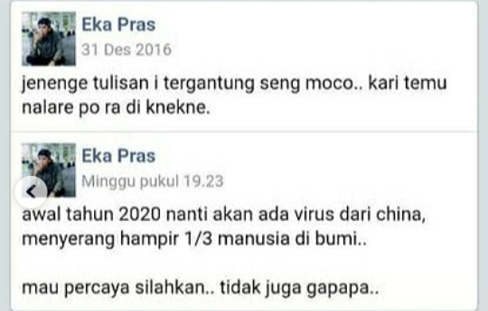 Status Fb Eka Pras Ramalan Virus Corona 2016, Ternyata Hoax! Niat Awal Cuma Bercanda 