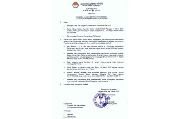 Cegah Penyebaran Corona, Pegawai Kemenhan Diminta Kerja dari Rumah