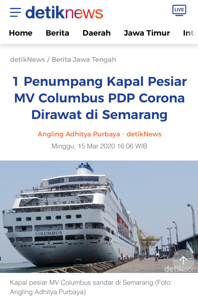 1 Penumpang Kapal Pesiar MV Columbus PDP Corona Dirawat di Semarang