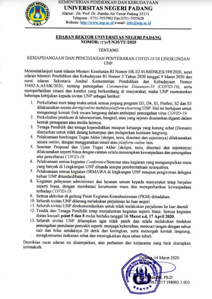 ANTISIPASI CORONA, UNP TIADAKAN PERKULIAHAN FACE TO FACE SELAMA SATU BULAN