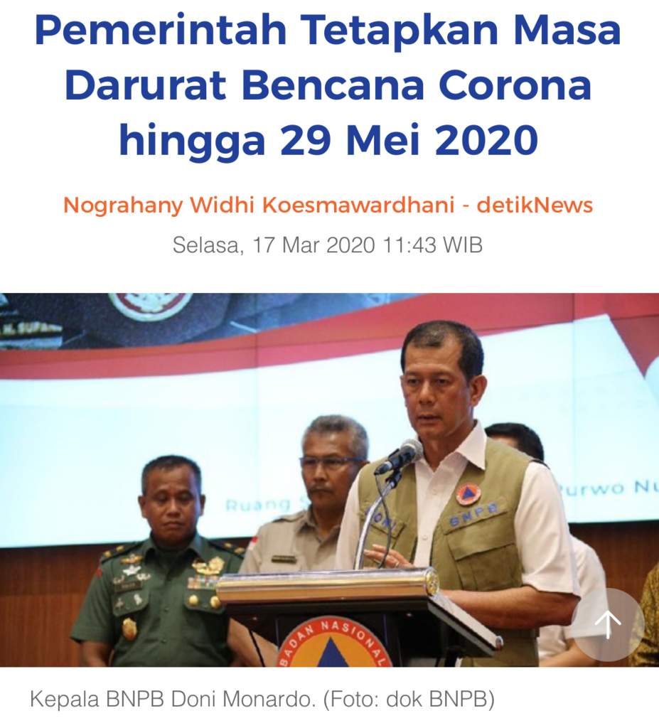 Pemerintah Tetapkan Masa Darurat Bencana Corona hingga 29 Mei 2020