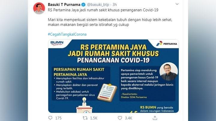 Ahok Promosikan RS Pertamina Jaya Jadi Rumah Sakit Khusus Corona