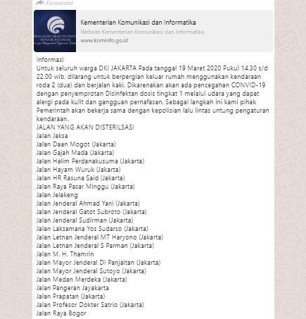 Info Seluruh Warga DKI Jakarta Dilarang Keluar Rumah pada 19 Maret 2020 adalah Hoax!