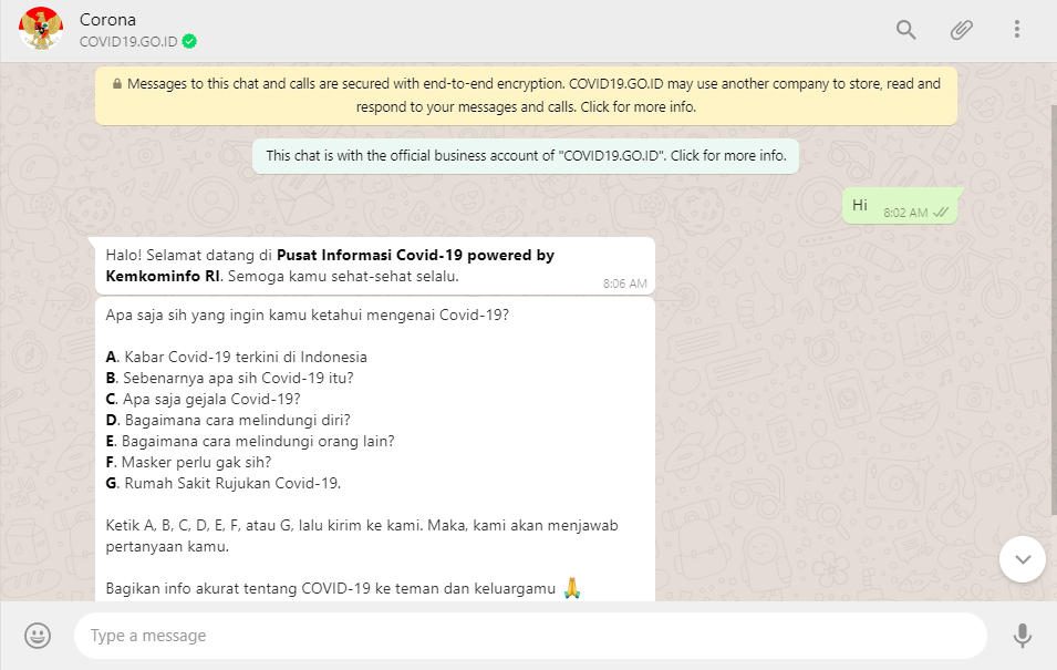 Pemerintah Luncurkan Akun Chatbot Virus Corona COVID – 19, Ini Bentukannya Gan!