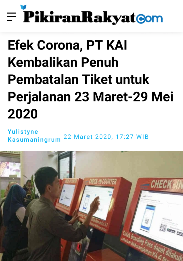 Corona,PT KAI Kembalikan Penuh Pembatalan Tiket untuk Perjalanan 23/03-29/05 2020