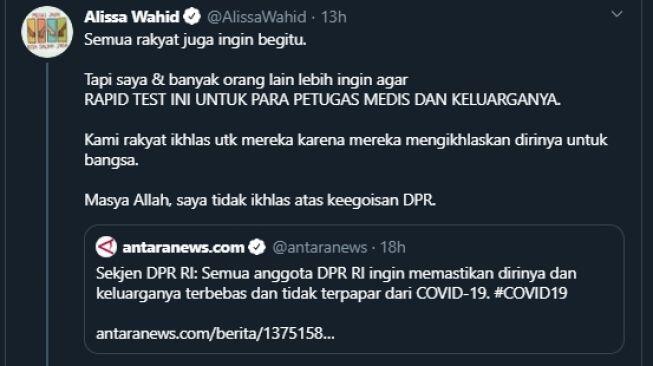 DPR RI Minta Rapid Test Covid-19, Alissa Wahid: Masya Allah Saya Tak Ikhlas