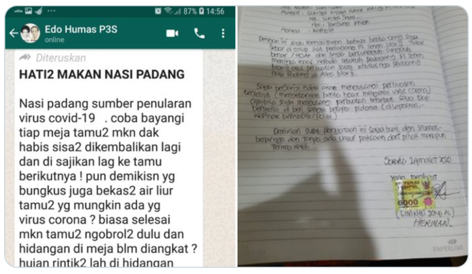 Kakek Ini Sebut Nasi Padang Sumber Penularan Covid-19, Cuma Hoaks dan Minta Maaf