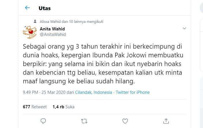 Anita Wahid ke Pembuat Hoaks Ibu Jokowi: Kesempatan Minta Maaf Hilang