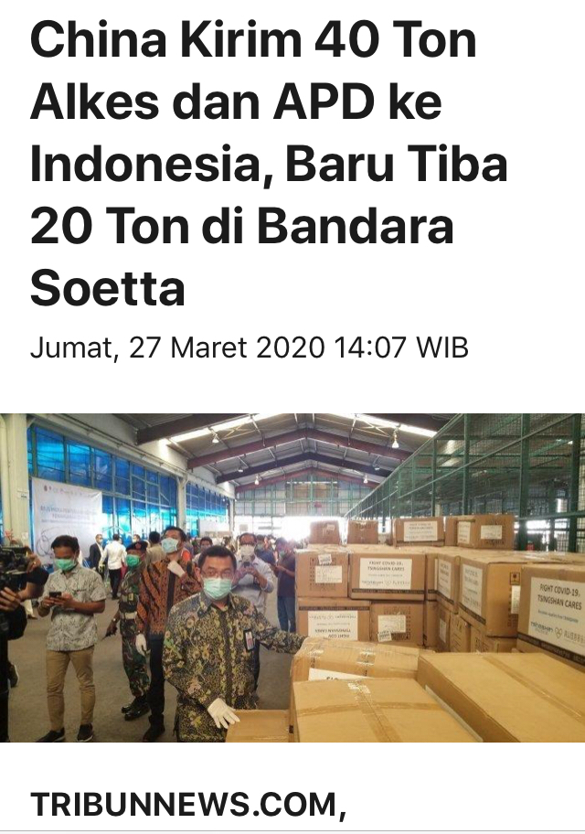 China Kirim 40 Ton Alkes dan APD ke Indonesia, Baru Tiba 20 Ton di Bandara Soetta