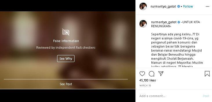 Ajak Muslim Ramaikan Masjid, Unggahan Gatot Nurmatyo Kini Disensor IG