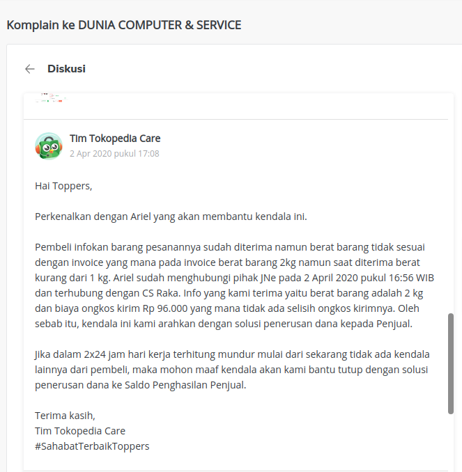 Selesih Berat Ongkir Tokopedia dan Official Store, Tokopedia lepas tangan.