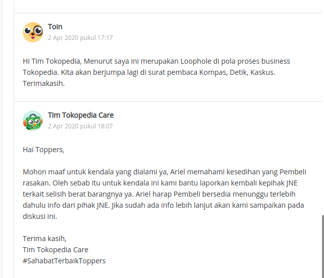 Selesih Berat Ongkir Tokopedia dan Official Store, Tokopedia lepas tangan.